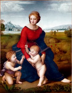 A Virgem na Pradaria ou Nossa Senhora do Mirante Pintura de Rafael (Raffaello Sanzio 1483-1520) 1506 Sol. 113 X 88 cm Museu Kunsthistorisches de Viena de Raphael