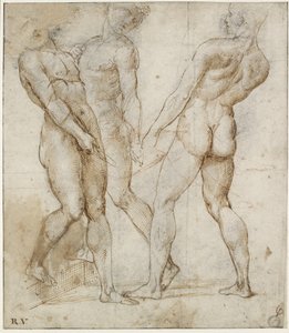 Três portadores nus (estudo para o Entombamento de Cristo), WA1846.173 (caneta e tinta marrom sobre giz preto, com giz vermelho sobre indicações geométricas) de Raphael