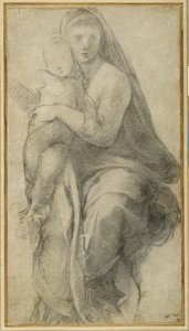 Virgem e Criança (giz preto sobre papel cinzento) de Raphael