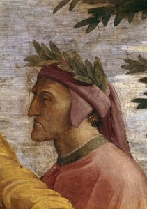 Disputa. Detalhe: Dante Alighieri Fresco na Stanza della Segnatura, ca 1510-1511. de Raphael