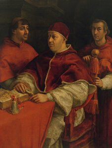 Leão X com os cardeais Giulio de Medici e Luigi de Rossi, 1517-18 de Raffaello Sanzio Raphael