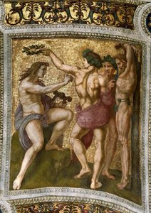 Marsias e Apolo. Fresco de teto em Stanza della Segnatura, ca 1510-1511. de Raphael