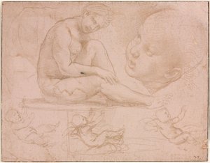 Estudos de uma mulher sentada, cabeça de criança e três estudos de um bebê de Raphael