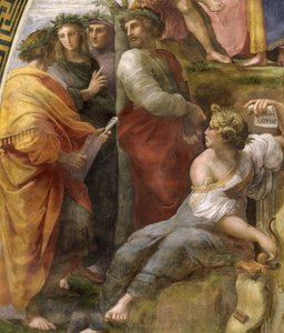 O Parnaso. Detalhe. Fresco na Stanza della Segnatura, ca 1510-1511. de Raphael