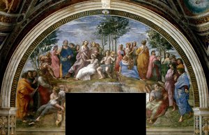 O Parnassus Fresco na Stanza della Segnatura, ca 1510-1511. de Raphael