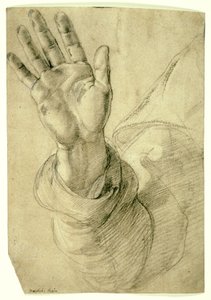 Mão direita levantada, com a palma voltada para fora: Estudo para São Pedro, 1518-20 de Raphael