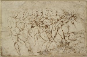 Uma batalha de guerreiros nus com cativos, WA1846.179 (caneta e tinta marrom sobre giz preto) de Raffaello Sanzio Raphael