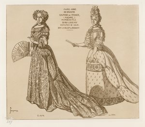 Trajes da corte. Marie Anne da Baviera, Dauphine da França, casada com o filho do rei Luís XIV. Após a obra de arte na coleção Bonnart. de Raphael Jacquemin