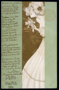 Meio virgem e poema de Paul Verlaine - cartão postal, de Raphael Kirchner (1876-1917), início do século XX