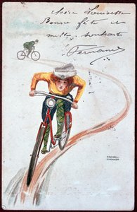 Cartão postal de uma mulher numa bicicleta - desenho de R. Kirchner, c. 1900.