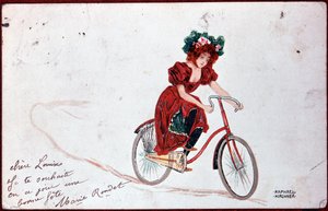 Cartão postal de uma mulher numa bicicleta - ilustração de R. Kirchner, v.1900
