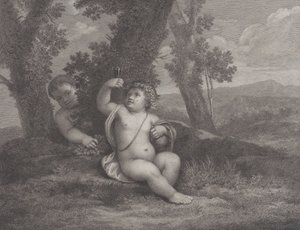 O bebê Baco sentado debaixo de uma árvore, segurando uma taça de vinho, com outro bebê atrás..., 1780