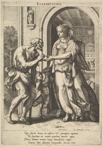 Esmola: uma mulher com cocar de pérolas e auréola entrega pão a dois mendigos, um deles..., 1589.