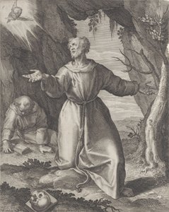 São Francisco ajoelhado com os braços estendidos, olhando para um querubim no canto superior esquerdo,..., 1599.