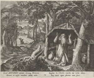 São Arnoldo de Metz como eremita
A vida virtuosa dos ermitãos (título da série)
Trophaeum vitae solitariae (título da série) de Raphaël Sadeler (I)