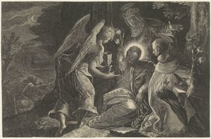 Cristo é consolado no Getsêmani por um anjo, São Domingos e Santa Catarina de Sena Espelho de obediência Perfectissimvm Obedientiae Specvlvm (título no objeto) Espelhos de obediência, castidade e pobreza (título da série) de Raphaël Sadeler (II)