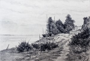 Estaleiro naval no estuário do Gironde (lápis e carvão sobre papel) de Raymond Bonnefon