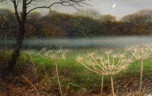 dezembro ao anoitecer: nevoeiro sobre os campos (óleo sobre cartão) de Raymond Booth