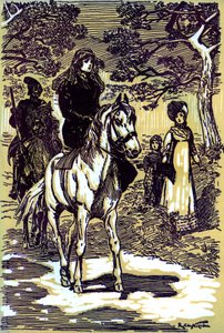 Colomba, vestida de luto, a cavalo, seguida por um camponês da Córsega