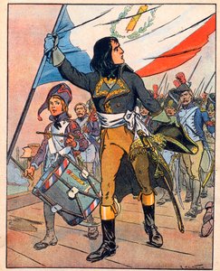 Primeira campanha italiana: Napoleão Bonaparte (1769-1821) na Batalha da Ponte de Arcole, novembro de 1796" retirado de "Nos-Gloires-Nationales" c.1920 (gravura)