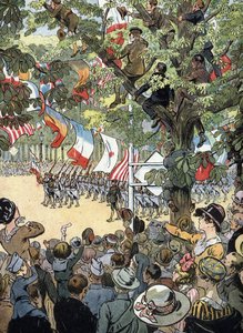 Primeira Guerra Mundial: O desfile da vitória na Avenida dos Campos Elíseos, em Paris, a 14/07/1919: Soldados da marinha francesa admirados pela multidão de parisienses - (I Guerra Mundial: desfile da vitória na avenida dos Campos Elíseos