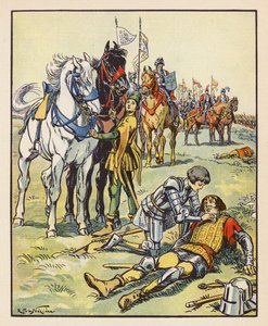 Jeanne cuida de um inglês ferido após a batalha de Patay (litografia a cores)