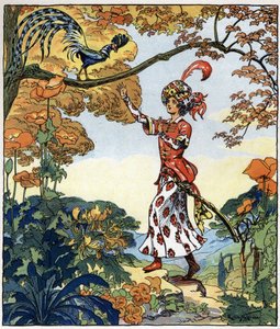 Parizade correu para o pássaro e pôs-lhe a mão em cima: ilustração para o conto "Aladin ou a lâmpada maravilhosa" em "Noites da Arábia