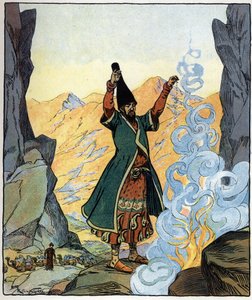 O monge dervixe acende o fogo e polvilha-o: ilustração do conto "Aladino ou a lâmpada maravilhosa" das "Noites da Arábia
