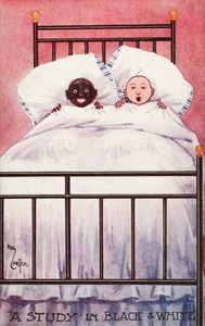 Crianças em preto e branco em uma cama (lito colorido) de Reg Carter