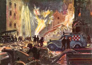 Bombeiros do Serviço Nacional Britânico de Bombeiros em tempo de guerra que lidam com uma conduta de gás em chamas durante a Blitz, Segunda Guerra Mundial