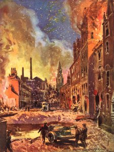 Bombeiros do Serviço Nacional Britânico de Bombeiros em tempo de guerra inspeccionam uma grande cratera de bombas durante a Blitz, Segunda Guerra Mundial