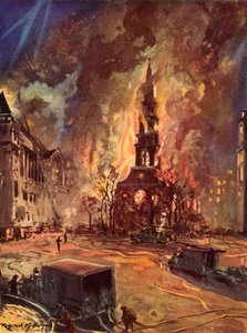 Igreja de St Clement Danes, Strand, Londres, em chamas durante a Blitz, Segunda Guerra Mundial