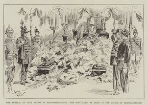 Funeral do Duque Ernesto de Saxe-Coburgo-Gotha, com o corpo a repousar no Castelo de Reinhardsbrunn (gravura) de Reginald Thomas Cleaver
