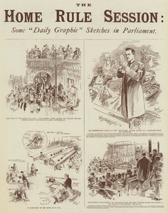 A sessão do Home Rule, alguns esboços do "Daily Graphic" no Parlamento (gravura)