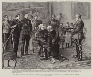 A Rainha investe Lord Russell de Killowen com a insígnia de Cavaleiro da Grã-Cruz em Osborne (gravura)