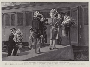 O regresso a casa da Rainha, a partida da estação de caminho de ferro de Nice (litografia) de Reginald Thomas Cleaver