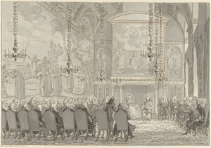 Recepção do Príncipe William V e Guilhermina da Prússia na Câmara do Conselho da Câmara Municipal de Amesterdão de Reinier Vinkeles (I)