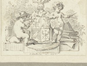 Dois putti, com bússola e escudo, no brasão da família Schoemaker
