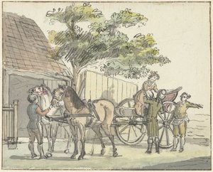 Carroça com dois cavalos na taberna De Donkere Kuil, perto de Haarlem de Reinier Vinkeles (I)