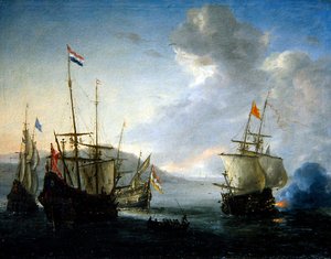 Um Envolvimento Naval com Marinheiro num Barco de Remo (óleo sobre tela) de Reinier Zeeman