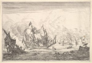 Batalha Naval com um Navio Inglês Fundador à Esquerda, de Batalhas Naval Nieuwe Sc ..., 1652-54. de Reinier Zeeman