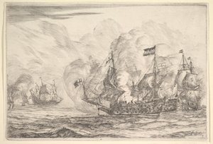 Encontro naval com três navios à direita, das batalhas navais Nieuwe Scheeps Bat ..., 1652-54. de Reinier Zeeman