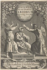 Minerva e duas figuras encadeadas
Página de título para: A. Thysius, Justinus cum notis selectissimis variorum Berneggerj, Bongarsy, Vossy, Thysy, &c, 1659
