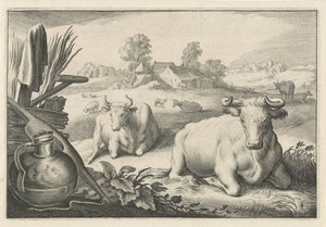 Pasto com duas vacas deitadas Diversa Animalia Quadrupedia (título da série)