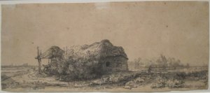 "Landscape with Cottage and Haybam" de Rembrandt, 1641, gravura e ponta seca, Museu de Arte de Honolulu