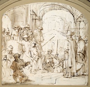 Cristo Escarnecido (caneta e tinta com lavagem em papel) de Rembrandt Harmensz. van Rijn (school of)