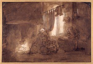 A Sagrada Família na Loja do Carpinteiro (caneta e tinta com lavagem em papel) de Rembrandt Harmensz. van Rijn (school of)