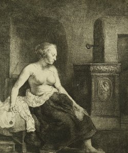 Uma mulher sentada meio vestida ao lado de um fogão, 1658 de Rembrandt van Rijn