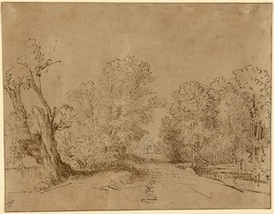 Uma estrada arborizada de Rembrandt Harmensz. van Rijn