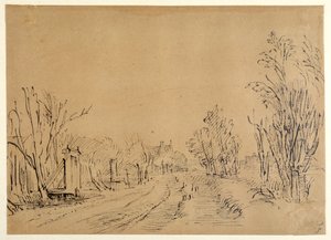 Uma estrada principal que leva a uma casa através de árvores (duas pontes e portões de acesso ao dijk) (caneta e tinta em papel pardo) de Rembrandt Harmensz. van Rijn